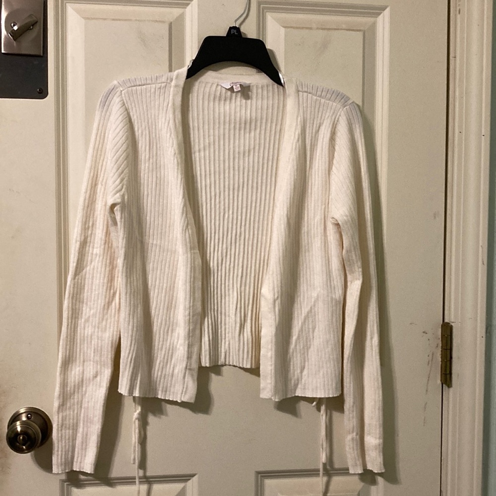 Gorgeous Candies Cream Colored Ribbed Cardigan Sweater, Tie Lace Up Sides L XL